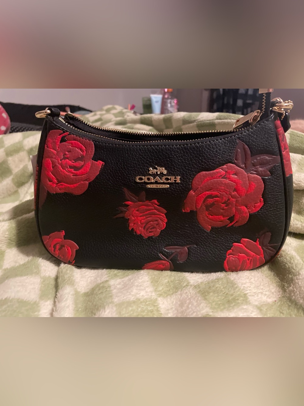 Coach Black Leather Wristlet with Red Rose Motif